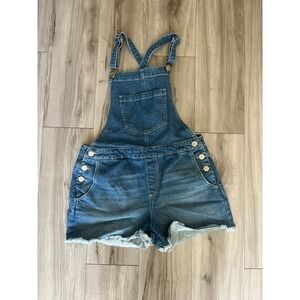 Copper Key Short Overall Women 13 Blue Denim Adjustable Straps Raw Hem One Piece
